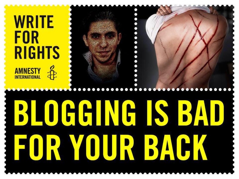 Blogging is bad for your back .. in Saudi Arabia. Image used as part of an Amnesty International campaign to draw attention to the plight of Saudi blogger Raif Badawi, sentenced to 10 years in prison and 1,000 lashes in Saudi Arabia in 2014 for setting up a "liberal" website 
